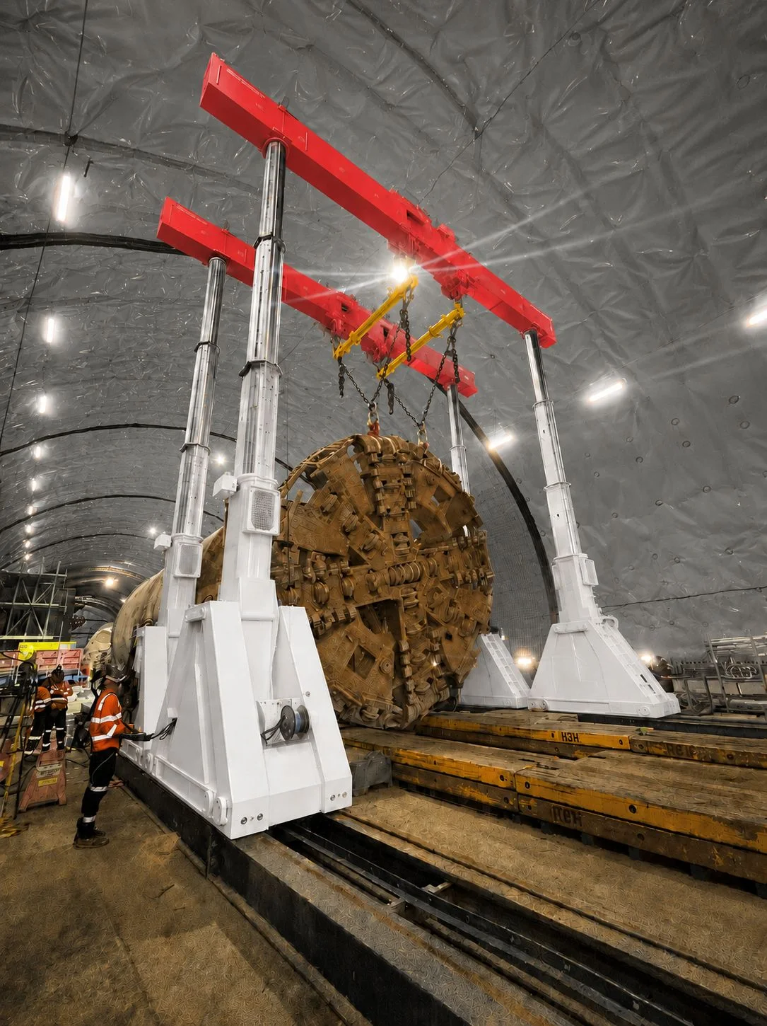 A large tunnel boring machine cutterhead is suspended by a red gantry crane inside a spacious underground tunnel, with workers in safety gear standing nearby for scale.