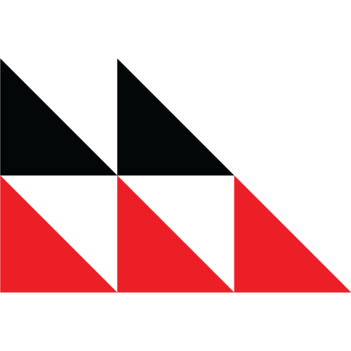A geometric pattern of black, white, and red triangles arranged in a grid, forming two rows with alternating colors on a light gray background. The triangles create a visually striking, angular design.