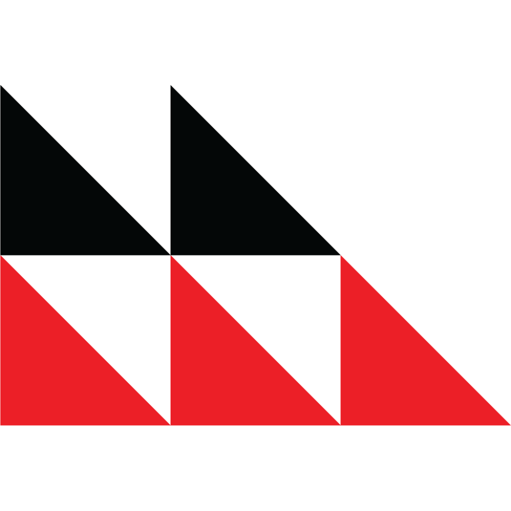 Three side-by-side triangles at the top, black in color, with three red triangles below them, all set against a white background. The design forms a geometric, repeating pattern.