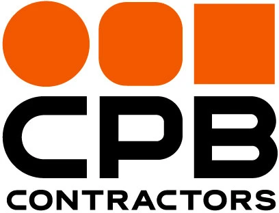 Logo for CPB Contractors featuring two orange circles and one orange square above the bold black letters "CPB" and the word "CONTRACTORS" in black capital letters below.