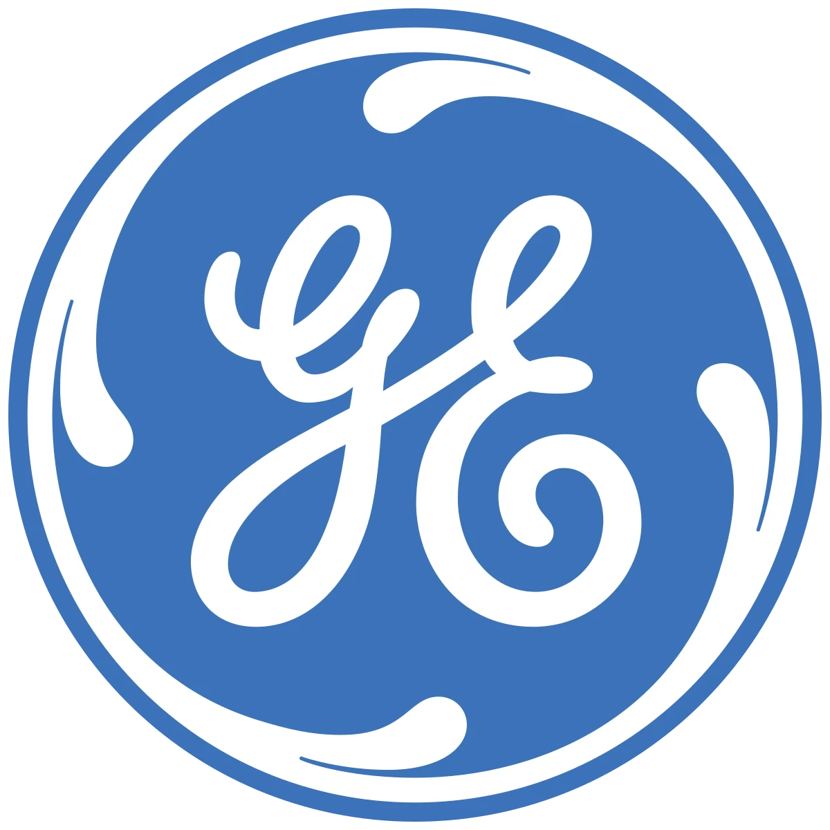 Blue circular logo with white cursive letters "GE" in the center and white decorative swirls along the inner edge.