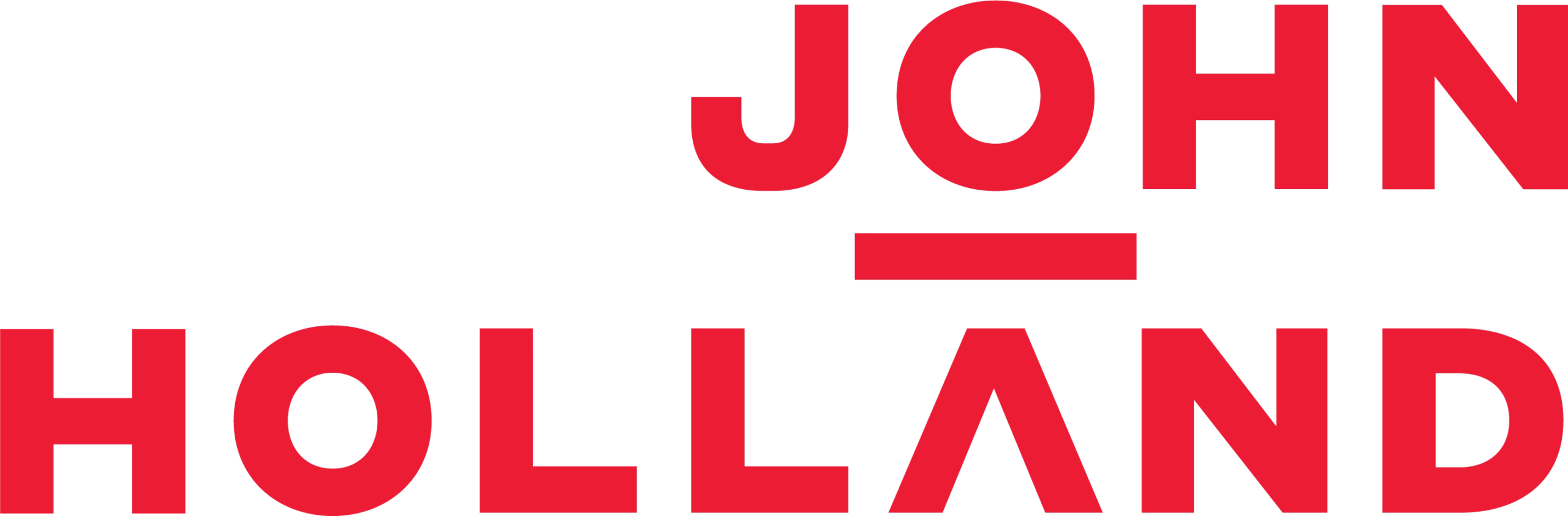Red text logo reads "JOHN HOLLAND" in bold, all-uppercase letters. "JOHN" is positioned above and aligned to the right of "HOLLAND," with a red underline beneath "JOHN." The background is white.