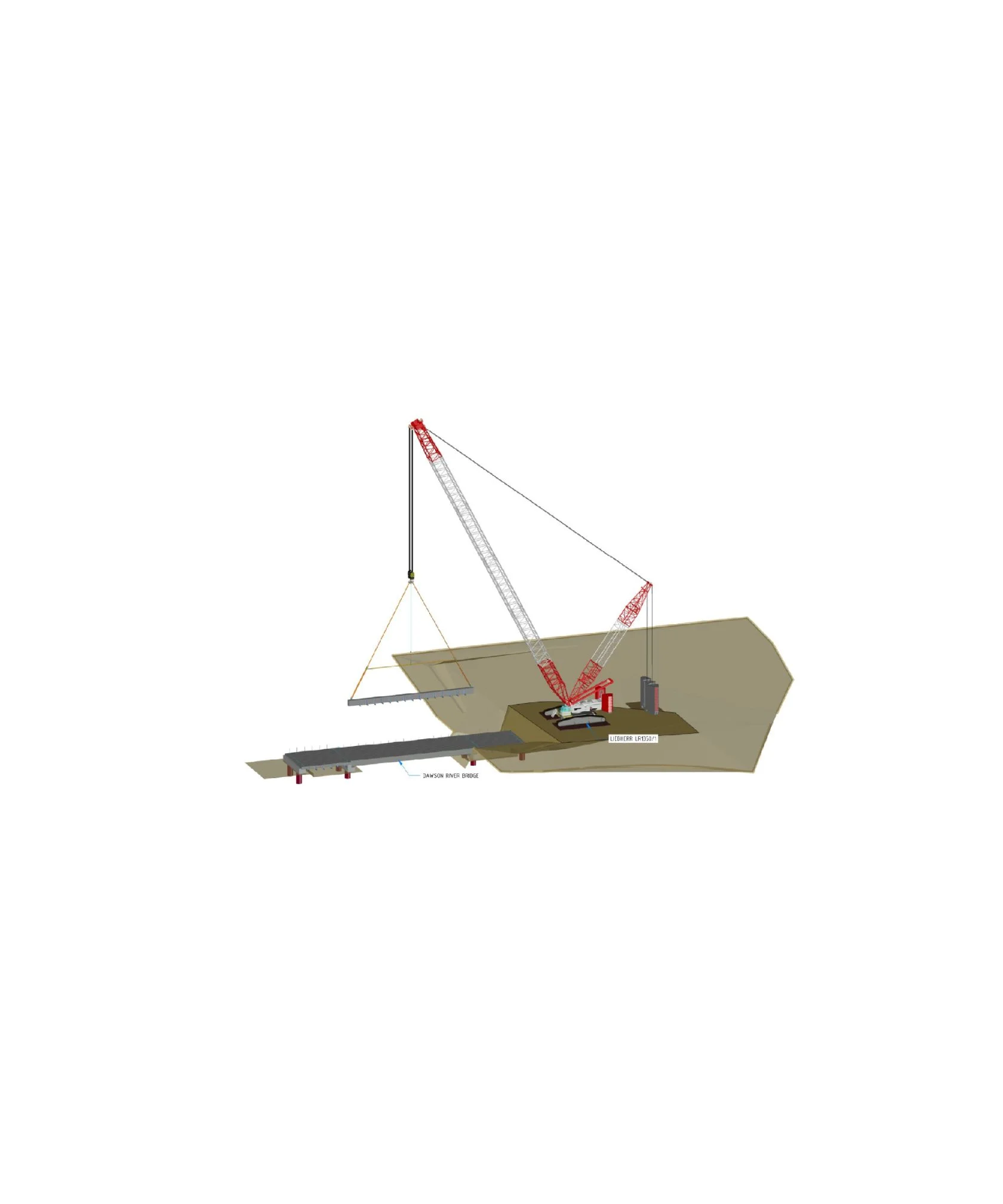 Illustration of a crane lifting a steel bridge beam into place over a gap, preparing for installation on bridge supports at a construction site. Labels indicate the girder and crane position.