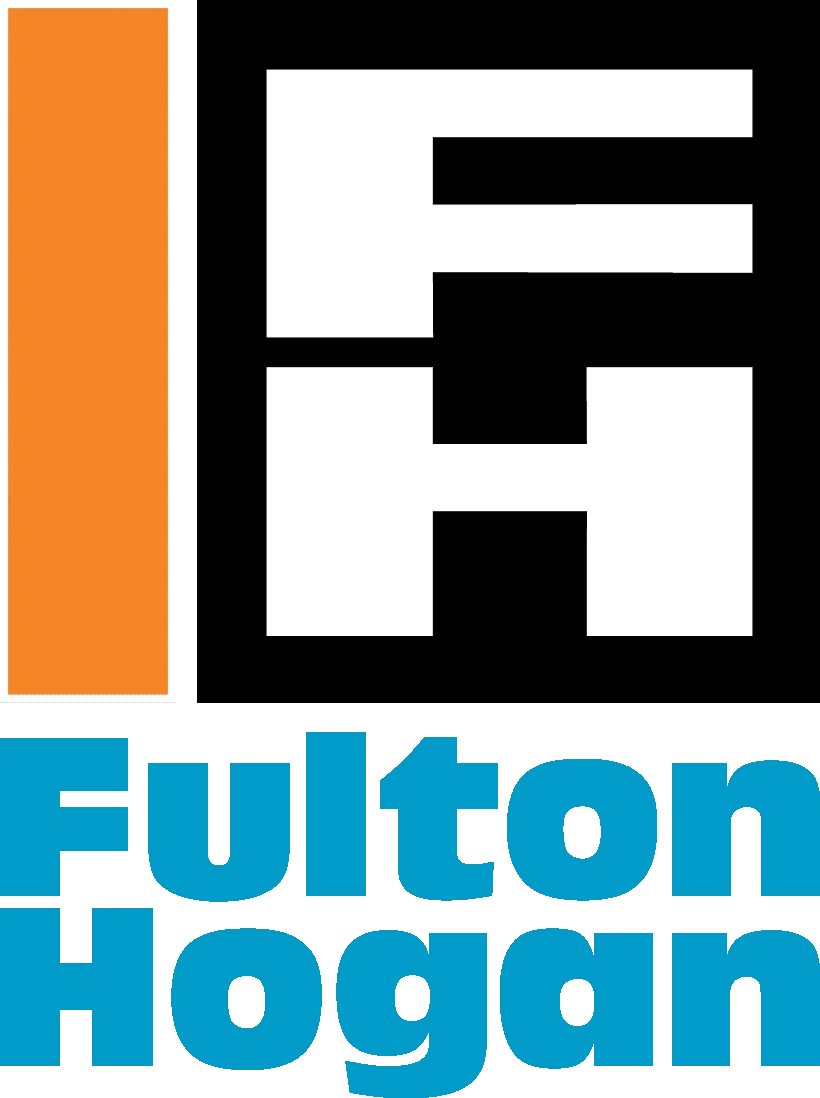 Fulton Hogan logo featuring a stylized "FH" in black and white, an orange vertical rectangle on the left, and "Fulton Hogan" written in blue below.