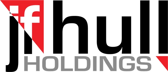 Logo for JF Hull Holdings featuring bold black letters spelling "jf hull" and the word "HOLDINGS" in gray underneath. The letters "jf" are inside a red triangle on the left side.