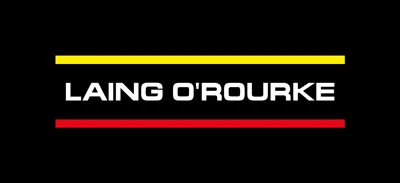 Laing O'Rourke logo with white text centered on a black background, bordered by a yellow line above and a red line below.