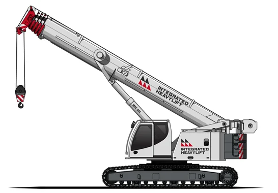 Illustration of a gray crawler crane with "Integrated Heavy Lift" branding, extended boom, red and white striped hook, and tracked base, shown on a white background.