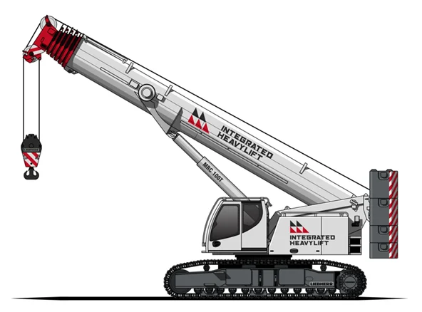 Illustration of a large crawler crane with a telescopic boom extended upward, featuring "Integrated Heavylift" branding on the boom and cab, and a striped hook hanging from the end of the boom.
