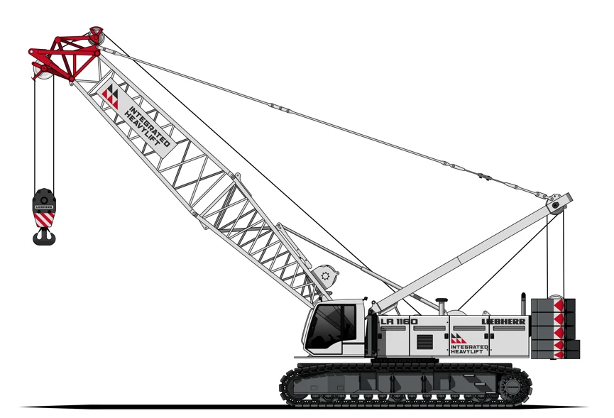 Illustration of a large crawler crane with a lattice boom, metal tracks, and a hook block. The crane is labeled “Liebherr” and “LA 1100” with red and white company branding on its side and boom.