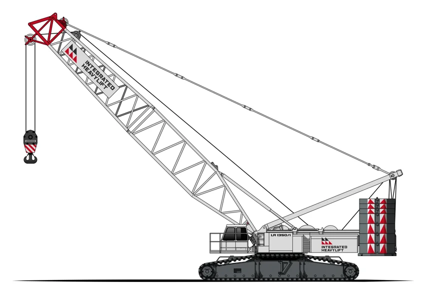 Side view illustration of a large crawler crane with a long lattice boom, black tracks, and red and white accents, including weights and logos labeled "MIRRATSU HEAVY.
