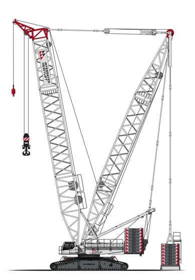 Illustration of a large crawler crane with a red and white lattice boom, heavy counterweights, a hook, and tracks at the base. The crane is lifting a heavy load with its long boom extended upright.