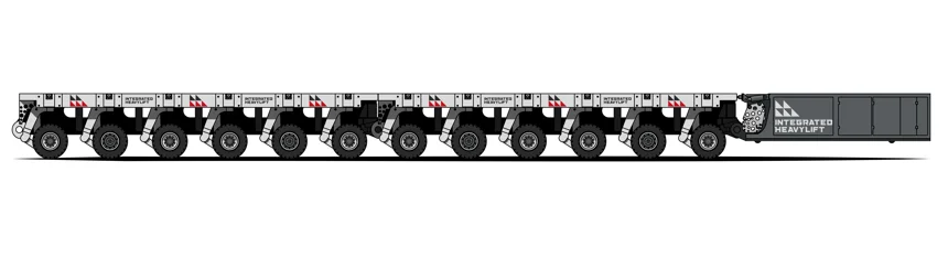 A side view illustration of a large, multi-axle heavy haul transport vehicle with 10 sets of wheels and a cab labeled "Integrated Heavy Lift" on a plain white background.
