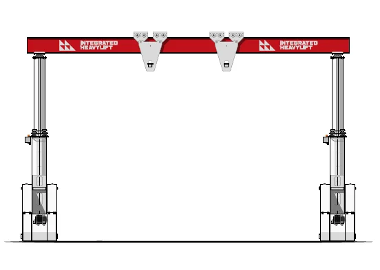 A large red and silver gantry lift system with two vertical columns supporting a horizontal beam labeled "Integrated Heavylift." The system is designed for heavy lifting and industrial applications.