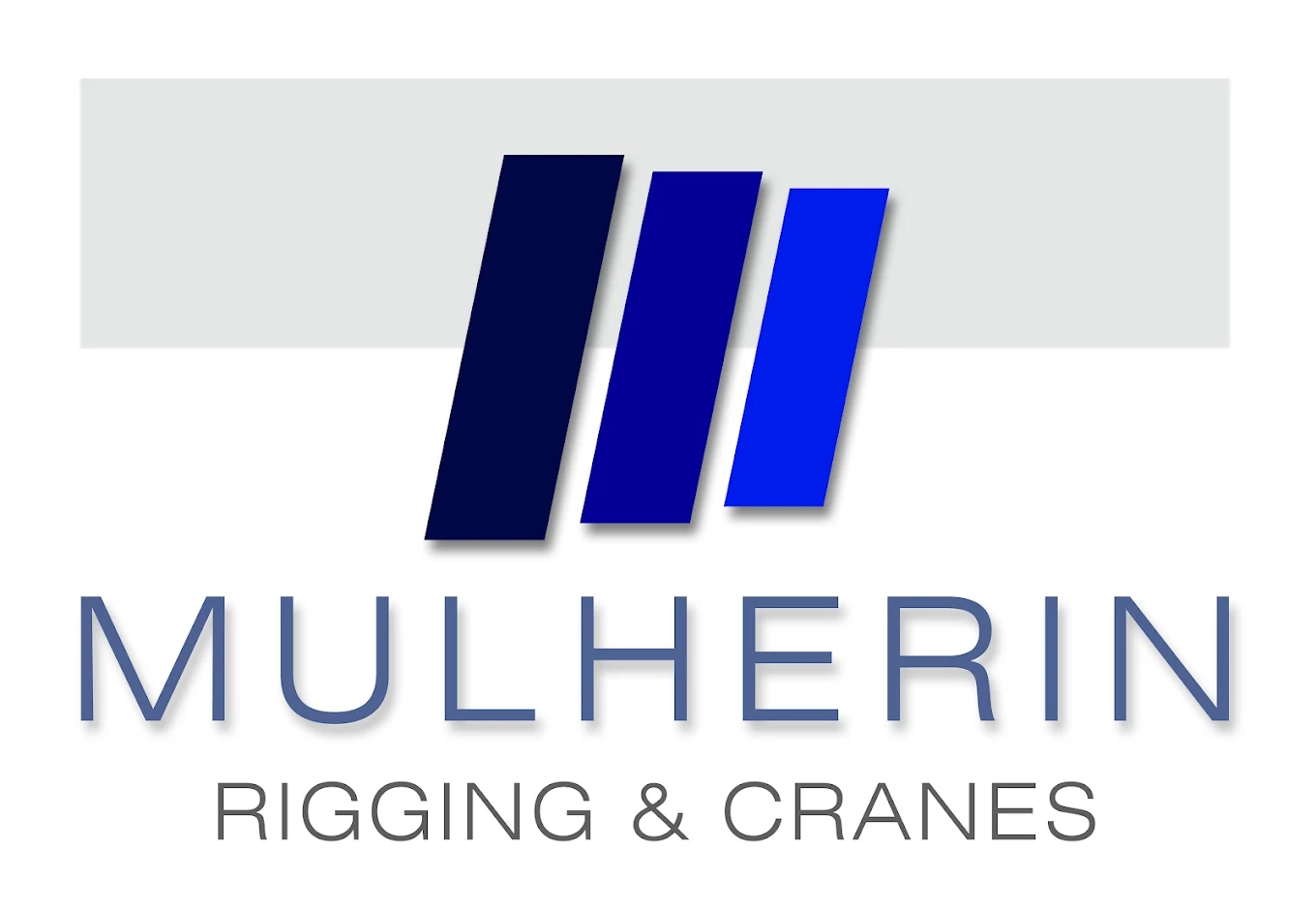 Logo for Mulherin Rigging & Cranes featuring three vertical blue bars and the company name "MULHERIN RIGGING & CRANES" in blue-gray text below the bars.