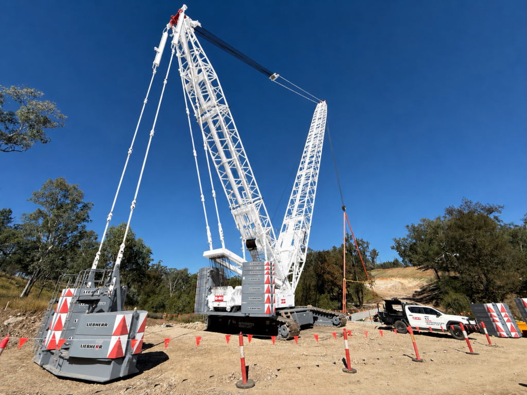 A large white crawler crane is positioned on a dirt construction site, surrounded by red-and-white safety barriers and cones. A utility truck is parked nearby, with trees and blue sky in the background.