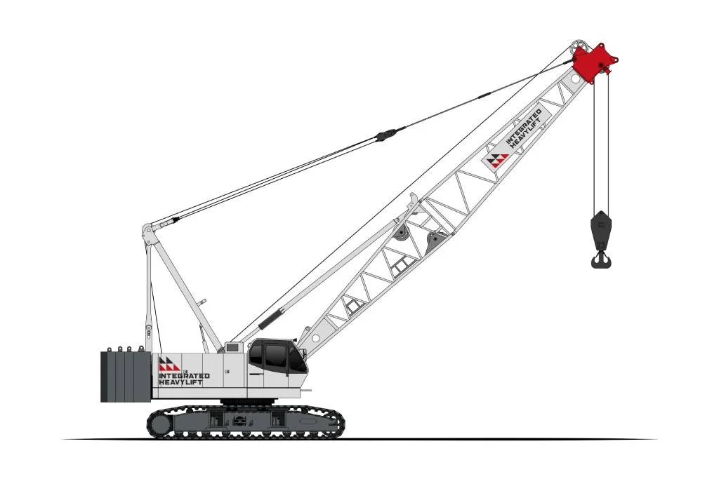 Illustration of a crawler crane with a lattice boom, heavy counterweights, and a large hook, operated by Integrated Heavy Lift. The crane is shown in a side view on crawler tracks.