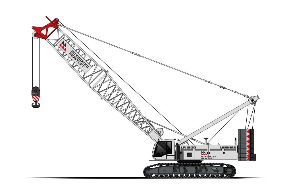 Illustration of a large crawler crane with a lattice boom and a hook, labeled "Liebherr LR 1300" and "Battersea" on its body. The crane has tracks and counterweights at the rear.